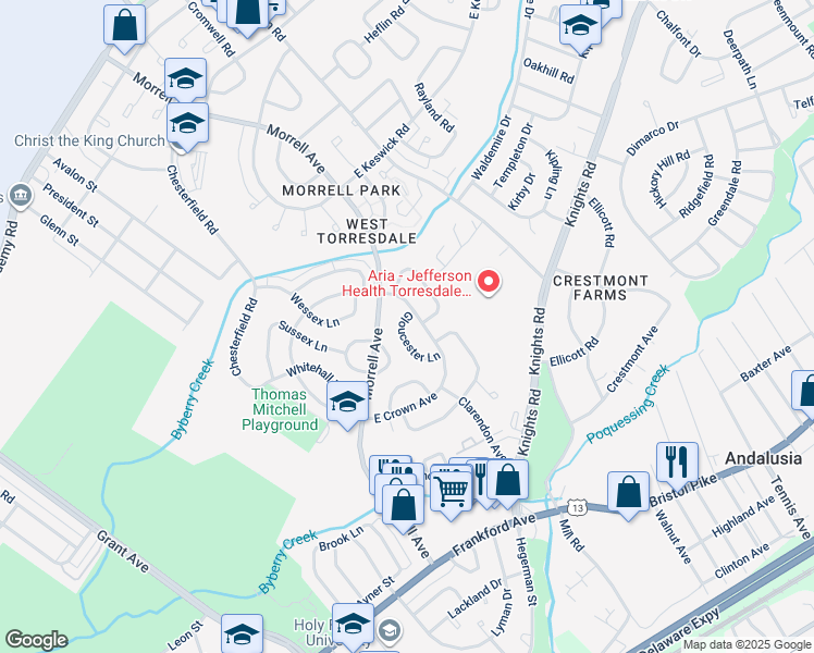map of restaurants, bars, coffee shops, grocery stores, and more near 3501 Gloucester Lane in Philadelphia