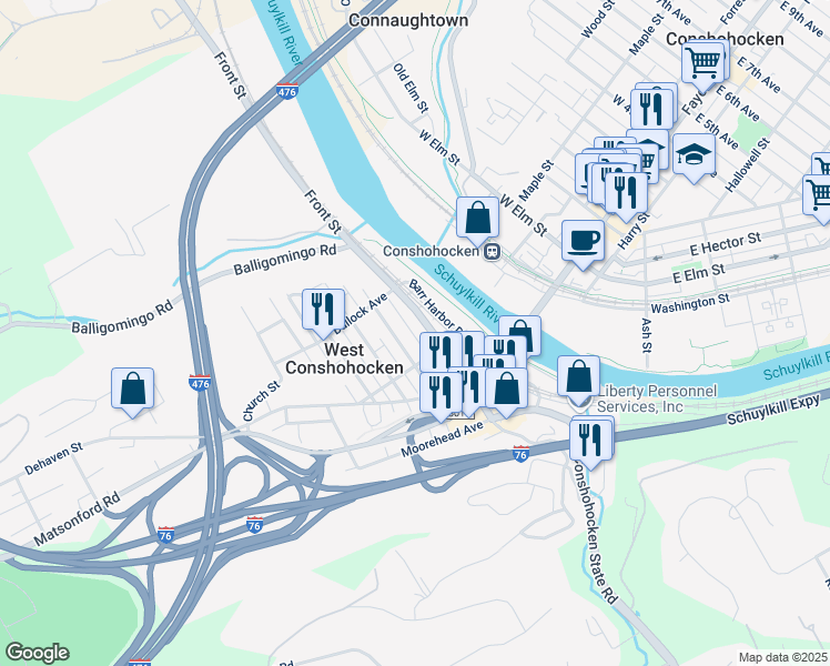 map of restaurants, bars, coffee shops, grocery stores, and more near 124 Powers Avenue in Conshohocken