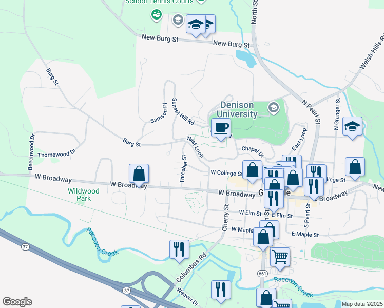 map of restaurants, bars, coffee shops, grocery stores, and more near 200 Thresher Street in Granville