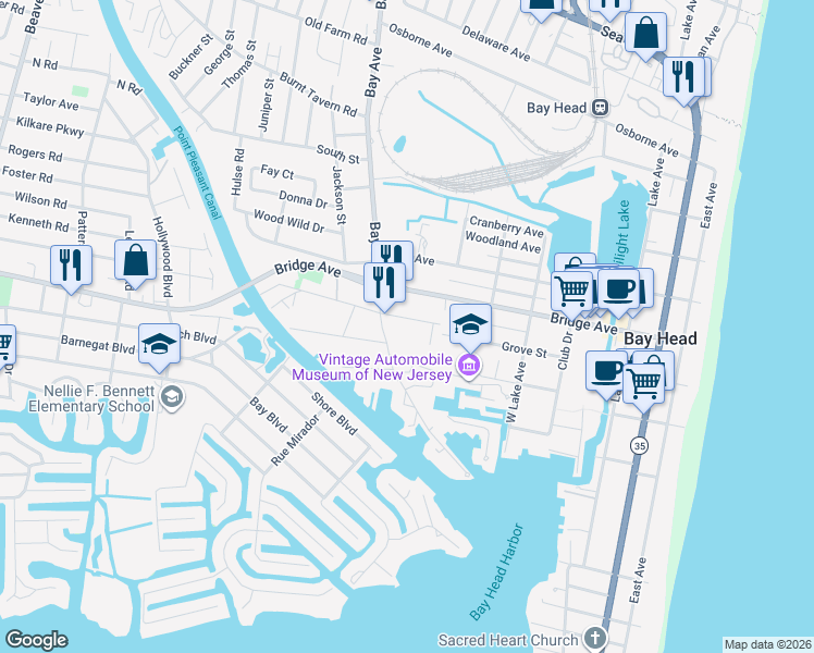 map of restaurants, bars, coffee shops, grocery stores, and more near 213 Howe Street in Point Pleasant
