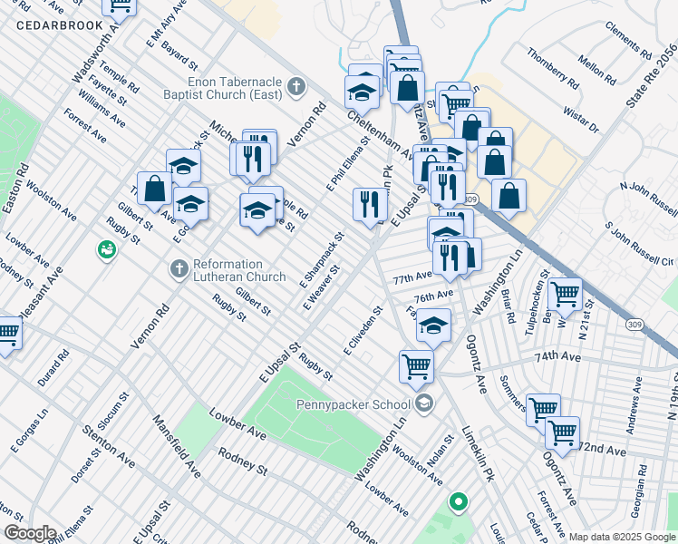 map of restaurants, bars, coffee shops, grocery stores, and more near 1412 East Weaver Street in Philadelphia