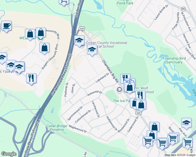 map of restaurants, bars, coffee shops, grocery stores, and more near 77 Lakeland Drive in Brick Township