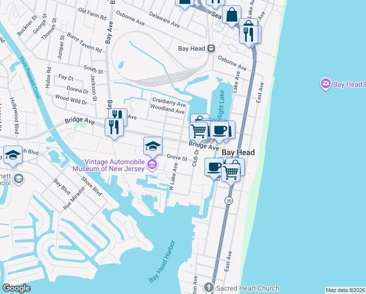 map of restaurants, bars, coffee shops, grocery stores, and more near in Bay Head