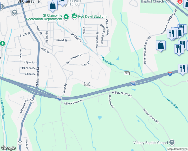 map of restaurants, bars, coffee shops, grocery stores, and more near 114 Beckett Court in Saint Clairsville