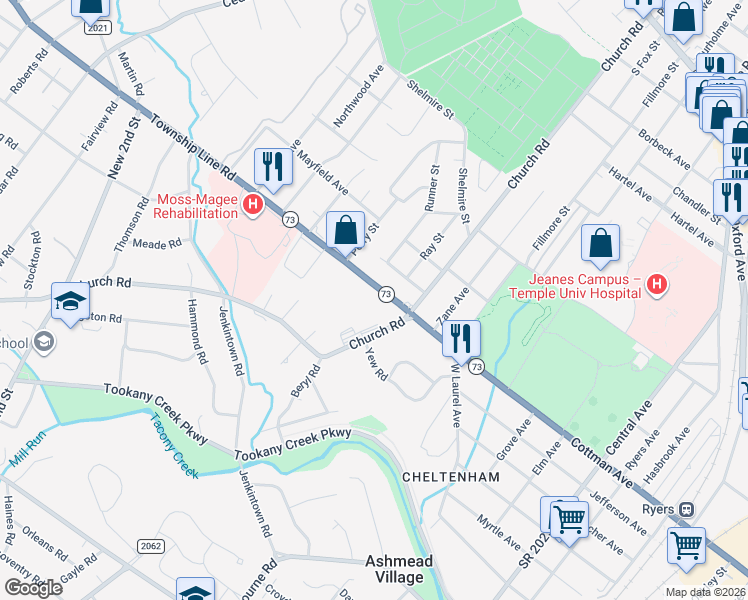 map of restaurants, bars, coffee shops, grocery stores, and more near 22 Township Line Road in Elkins Park