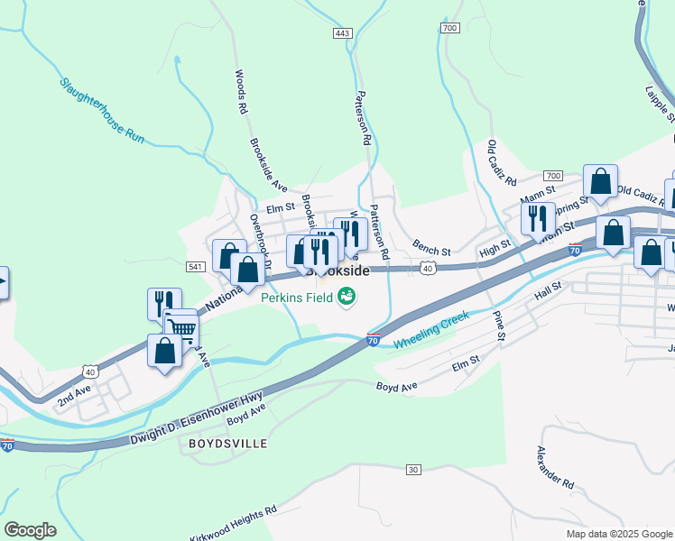 map of restaurants, bars, coffee shops, grocery stores, and more near in Brookside