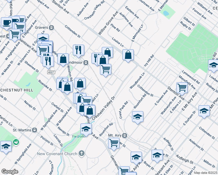 map of restaurants, bars, coffee shops, grocery stores, and more near 7641 Ardleigh St in Philadelphia