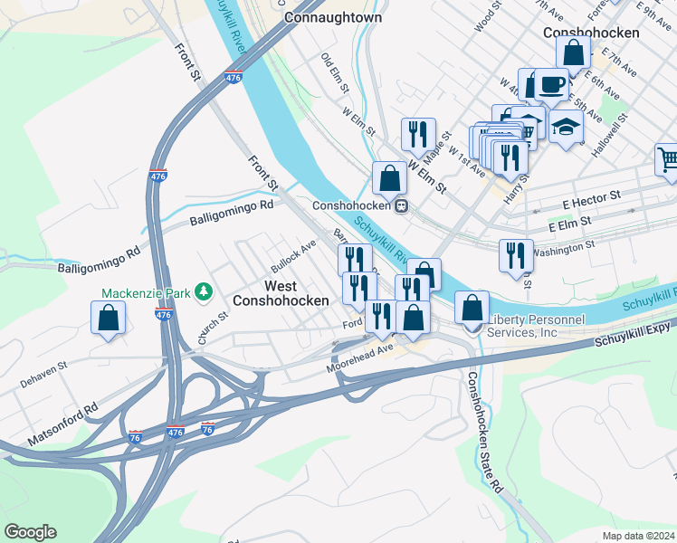 map of restaurants, bars, coffee shops, grocery stores, and more near 124 Powers Avenue in Conshohocken