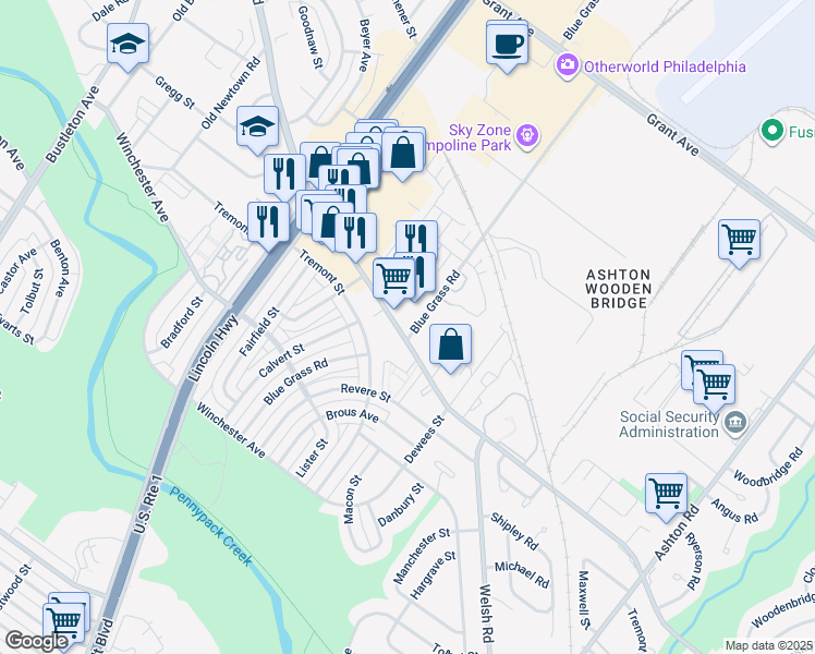 map of restaurants, bars, coffee shops, grocery stores, and more near 2423 Welsh Road in Philadelphia