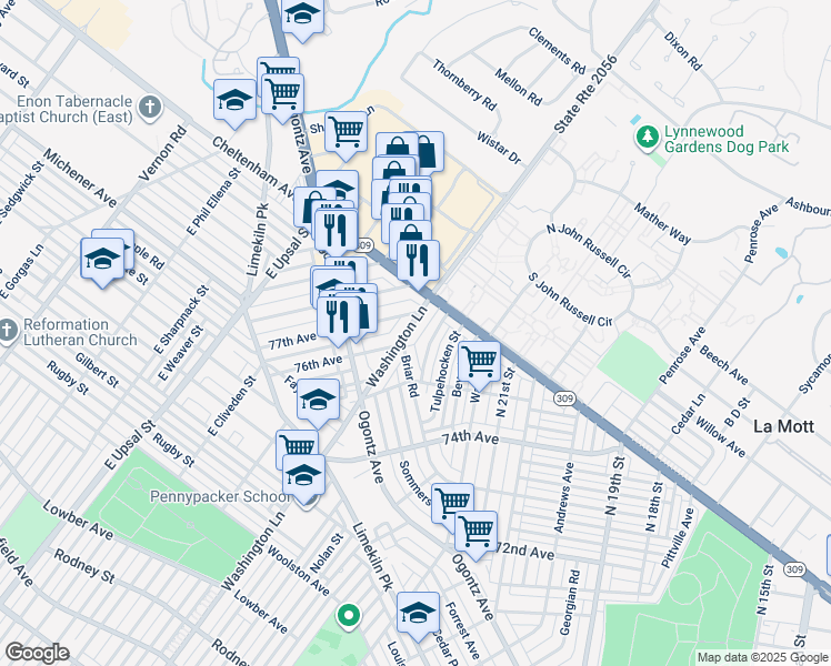 map of restaurants, bars, coffee shops, grocery stores, and more near 2216 East Washington Lane in Philadelphia