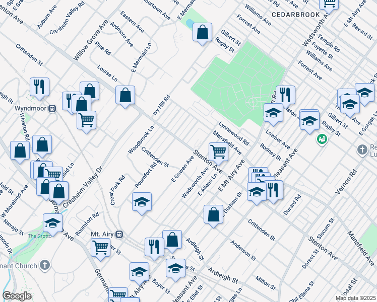 map of restaurants, bars, coffee shops, grocery stores, and more near 419 East Gowen Avenue in Philadelphia