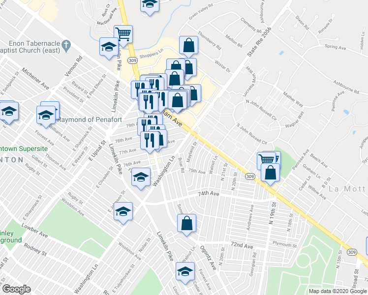 map of restaurants, bars, coffee shops, grocery stores, and more near 2216 East Washington Lane in Philadelphia