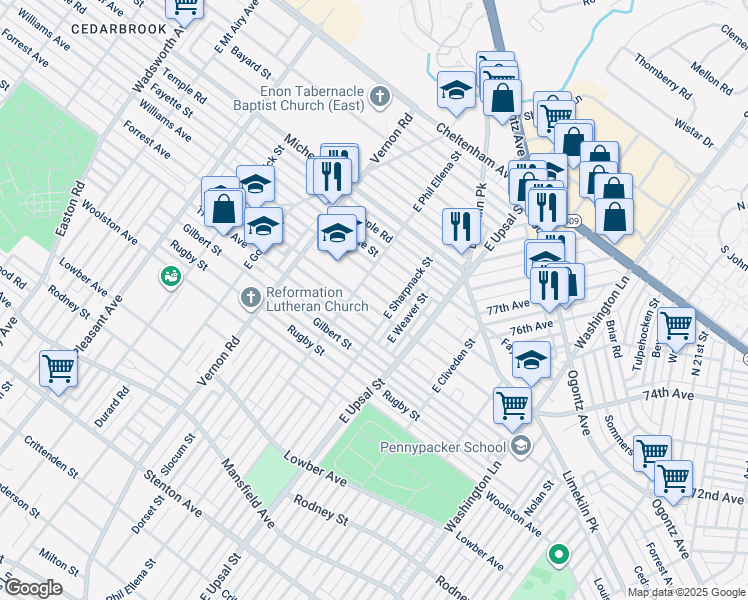map of restaurants, bars, coffee shops, grocery stores, and more near 7825 Forrest Avenue in Philadelphia