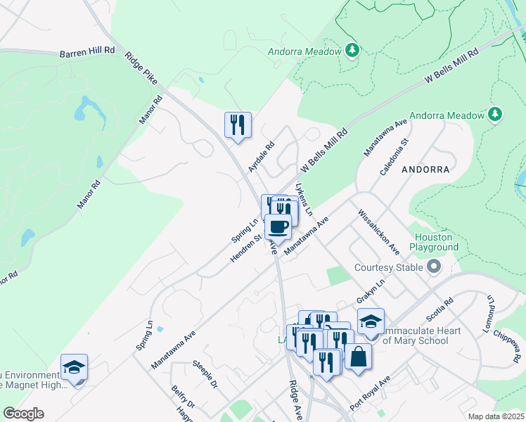 map of restaurants, bars, coffee shops, grocery stores, and more near Ridge Ave & Bells Mill Rd in Philadelphia