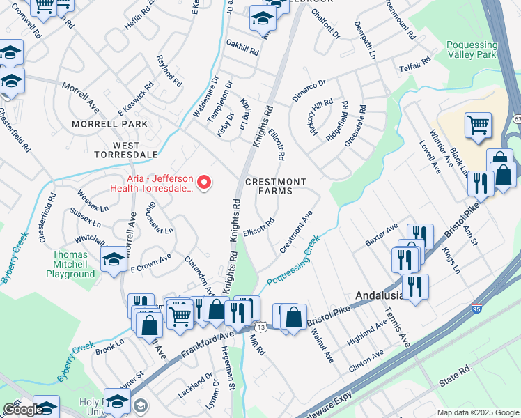 map of restaurants, bars, coffee shops, grocery stores, and more near 10821 Meadow Lane in Philadelphia