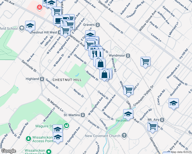 map of restaurants, bars, coffee shops, grocery stores, and more near 8027 Roanoke Street in Philadelphia