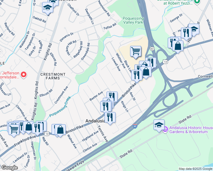 map of restaurants, bars, coffee shops, grocery stores, and more near 1114 Poquessing Avenue in Bensalem