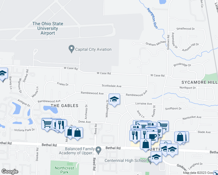 map of restaurants, bars, coffee shops, grocery stores, and more near 1715 Scottsdale Avenue in Columbus