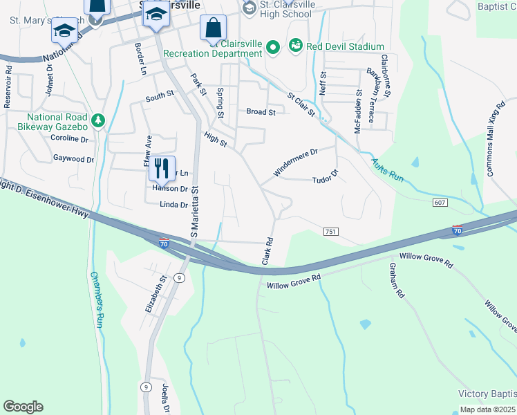 map of restaurants, bars, coffee shops, grocery stores, and more near 148 High Street in Saint Clairsville