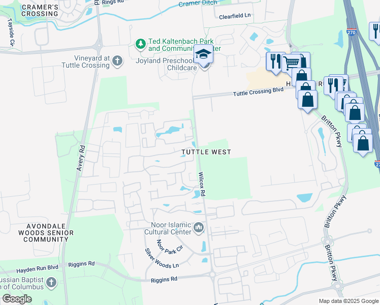 map of restaurants, bars, coffee shops, grocery stores, and more near 5303 Wilcox Road in Dublin