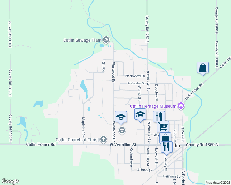map of restaurants, bars, coffee shops, grocery stores, and more near 424 Center Street in Catlin