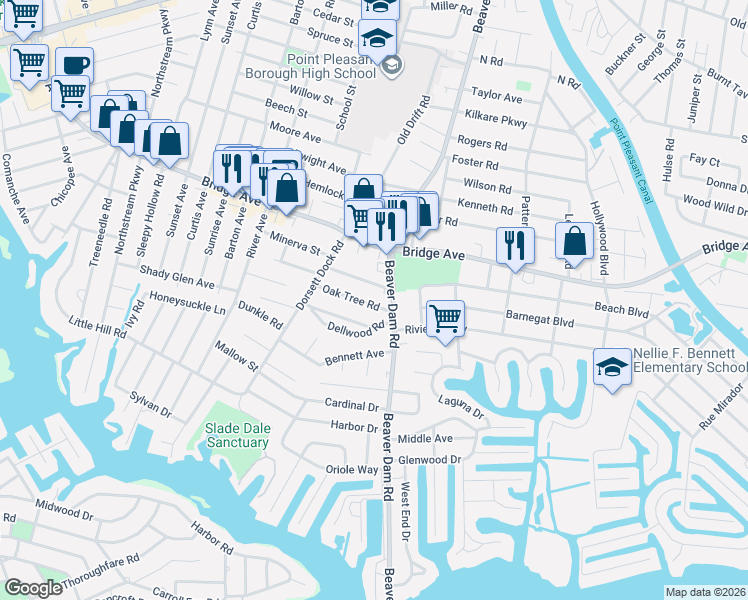 map of restaurants, bars, coffee shops, grocery stores, and more near 2306 Hollywood Road in Point Pleasant