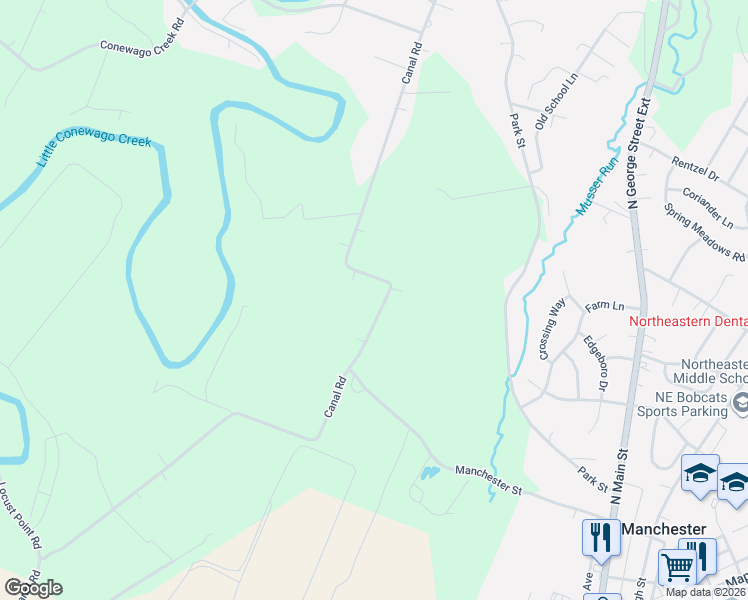 map of restaurants, bars, coffee shops, grocery stores, and more near 1550 Canal Road in Dover