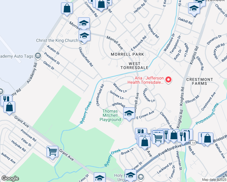 map of restaurants, bars, coffee shops, grocery stores, and more near 3600 Sussex Lane in Philadelphia
