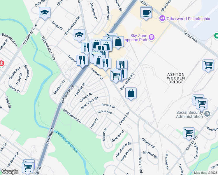 map of restaurants, bars, coffee shops, grocery stores, and more near 2621 Tremont Street in Philadelphia