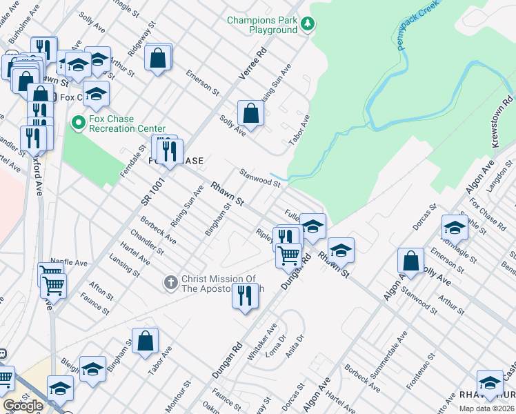 map of restaurants, bars, coffee shops, grocery stores, and more near 8015 Lawndale Street in Philadelphia