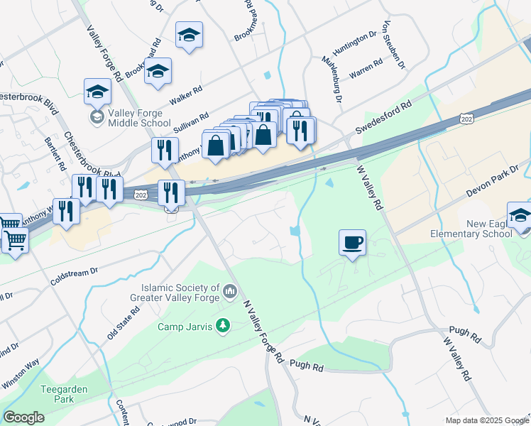 map of restaurants, bars, coffee shops, grocery stores, and more near 169 Old Forge Crossing in Devon