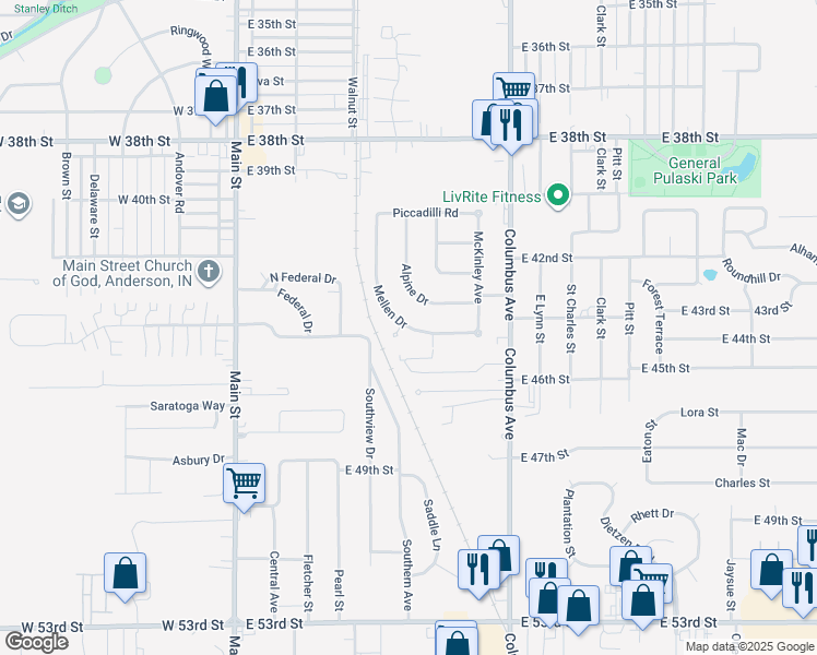 map of restaurants, bars, coffee shops, grocery stores, and more near 4242 Mellen Drive in Anderson