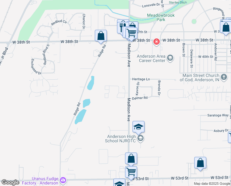 map of restaurants, bars, coffee shops, grocery stores, and more near 4301 Madison Avenue in Anderson
