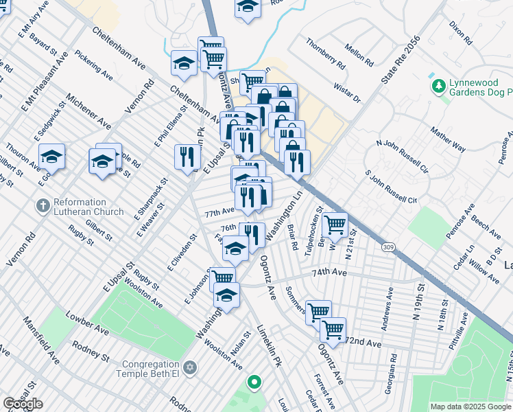 map of restaurants, bars, coffee shops, grocery stores, and more near 7625 Ogontz Avenue in Philadelphia
