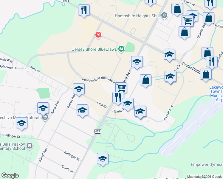 map of restaurants, bars, coffee shops, grocery stores, and more near Boulevard of the Americas in Lakewood Township