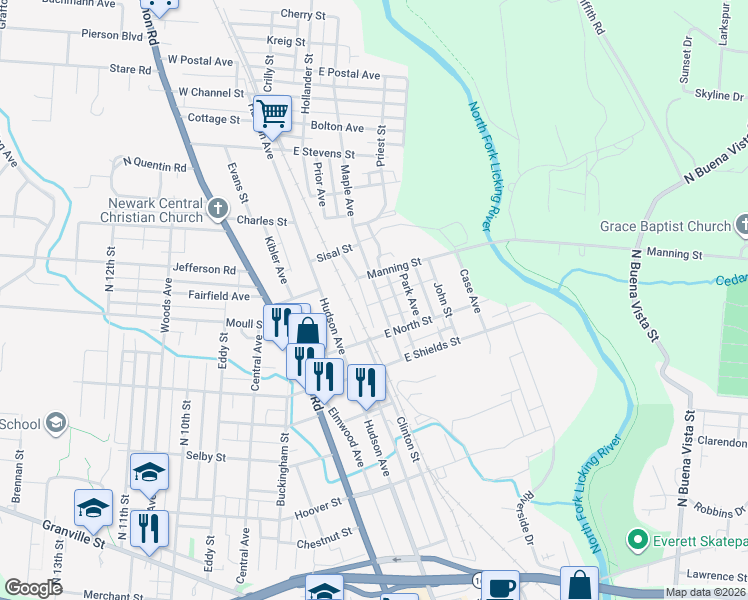 map of restaurants, bars, coffee shops, grocery stores, and more near 451 Maple Avenue in Newark
