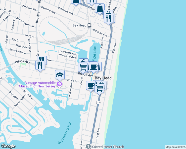map of restaurants, bars, coffee shops, grocery stores, and more near 80 Bridge Avenue in Bay Head