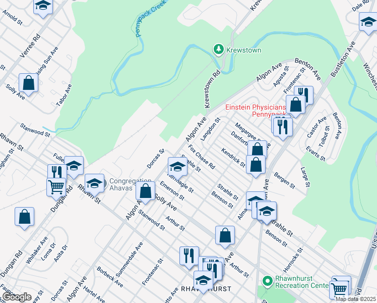 map of restaurants, bars, coffee shops, grocery stores, and more near 1608 Fox Chase Road in Philadelphia