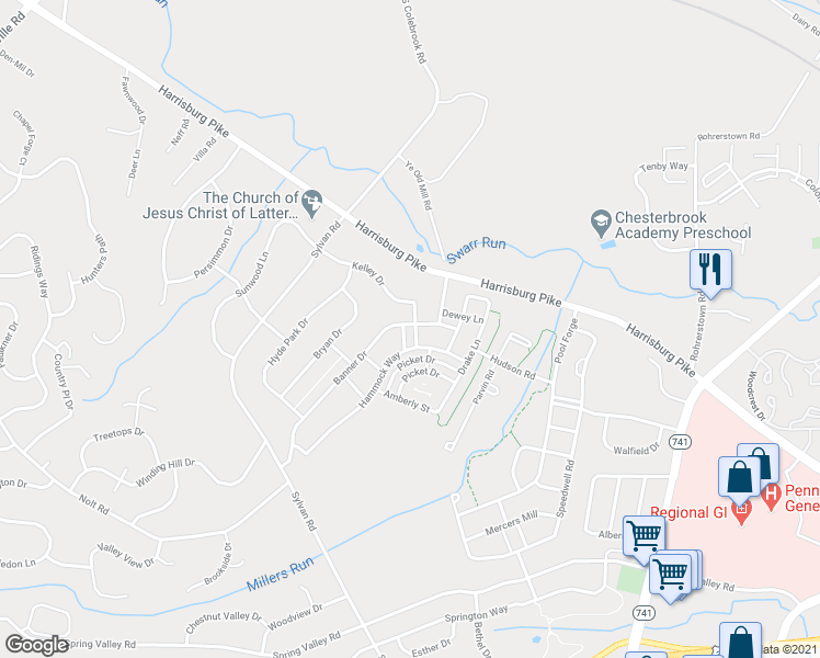 map of restaurants, bars, coffee shops, grocery stores, and more near 1298 Vickery Lane in Lancaster