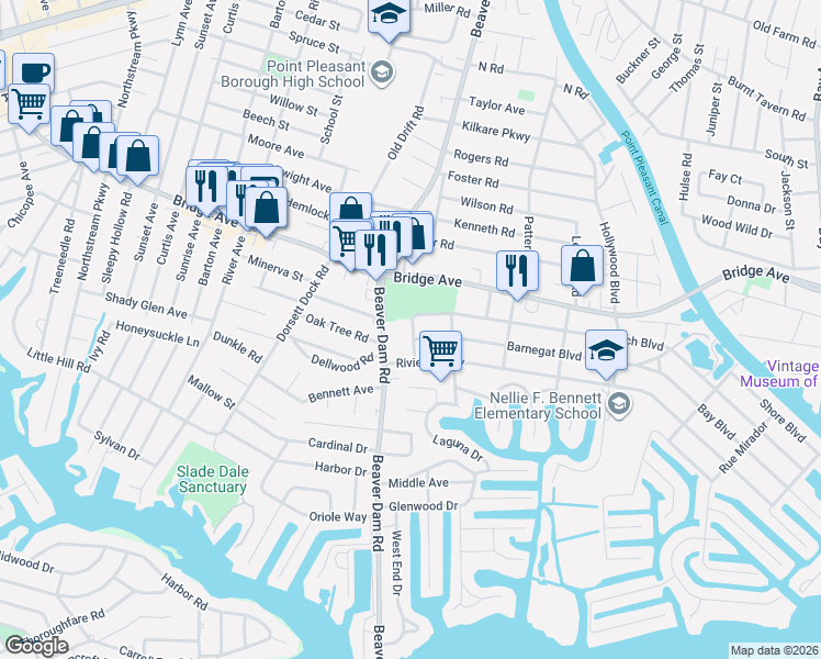 map of restaurants, bars, coffee shops, grocery stores, and more near 1403 Susan Lane in Point Pleasant