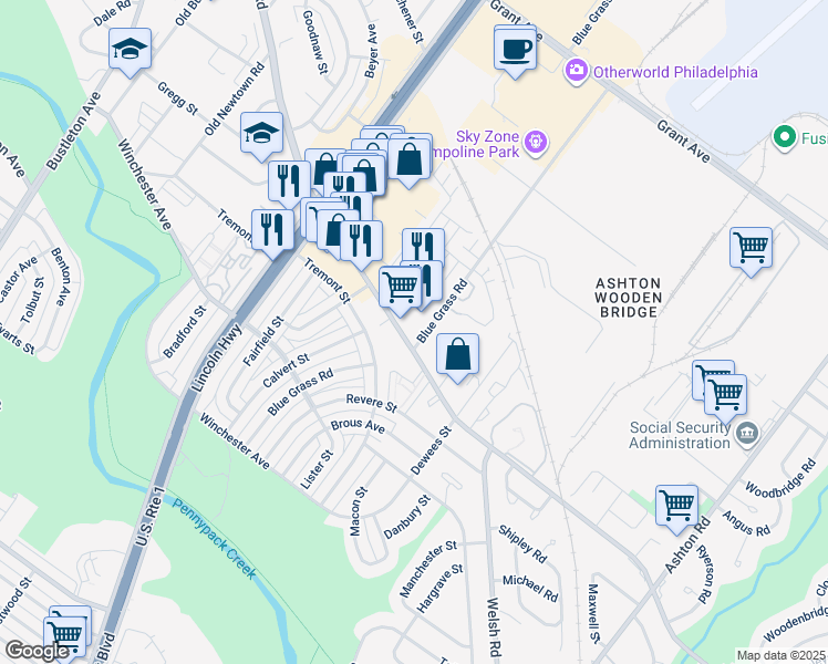 map of restaurants, bars, coffee shops, grocery stores, and more near 2423 Welsh Road in Philadelphia