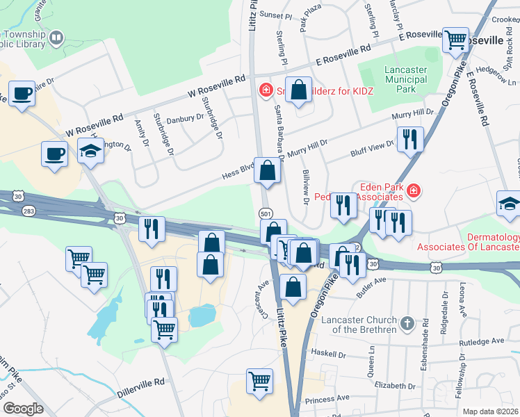 map of restaurants, bars, coffee shops, grocery stores, and more near 1717 Lititz Pike in Lancaster