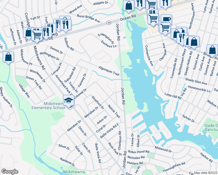 map of restaurants, bars, coffee shops, grocery stores, and more near 160 Harriot Drive in Brick