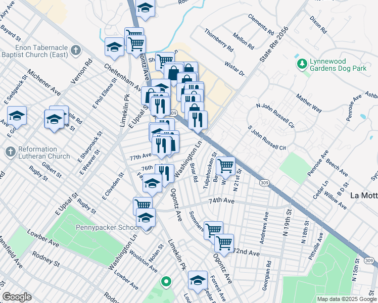map of restaurants, bars, coffee shops, grocery stores, and more near 2217 East Washington Lane in Philadelphia