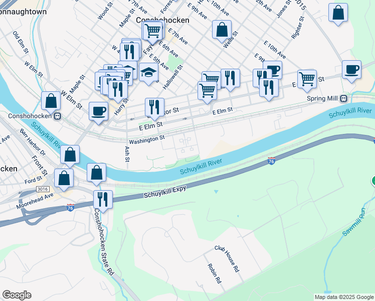 map of restaurants, bars, coffee shops, grocery stores, and more near 307 Washington Street in Conshohocken