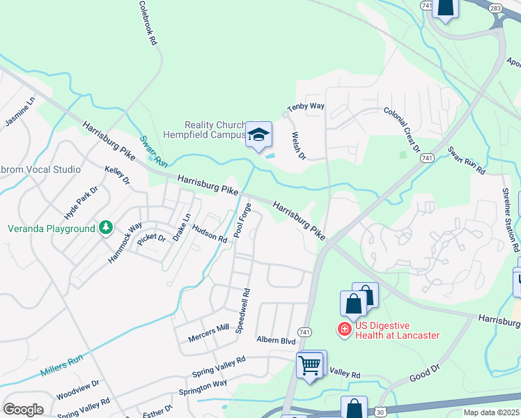 map of restaurants, bars, coffee shops, grocery stores, and more near 1709 Speedwell Road in Lancaster