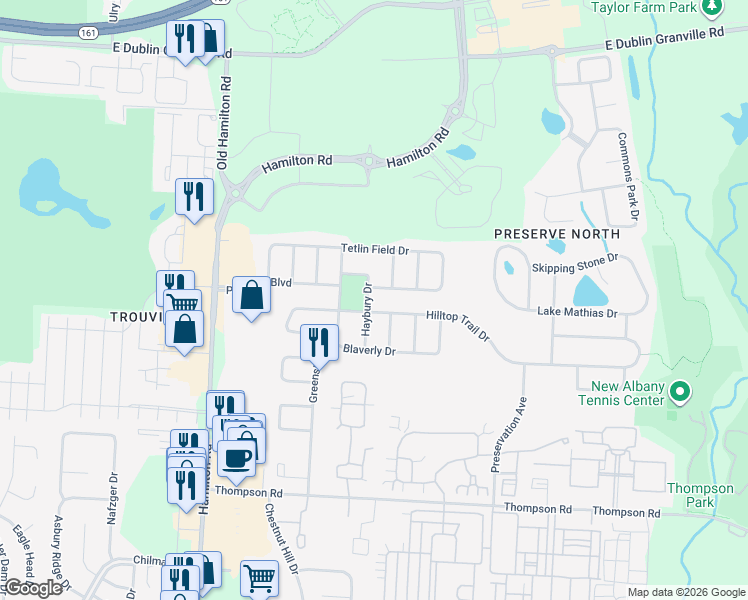 map of restaurants, bars, coffee shops, grocery stores, and more near 6097 Preve Ridge Drive in New Albany