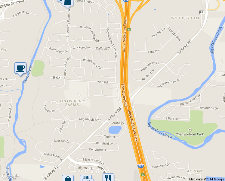 map of restaurants, bars, coffee shops, grocery stores, and more near 4169 Marathon Court in Gahanna