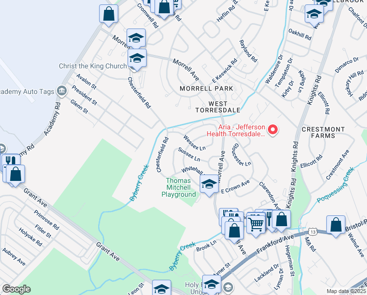 map of restaurants, bars, coffee shops, grocery stores, and more near 3602 Sussex Lane in Philadelphia
