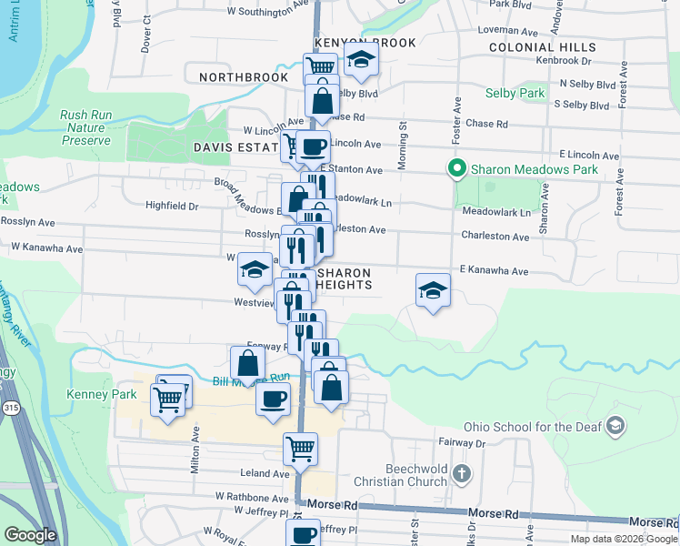 map of restaurants, bars, coffee shops, grocery stores, and more near 47 East Kanawha Avenue in Columbus